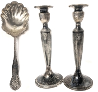 Vintage William Rogers Silver Plate Berry Spoon 9" Long with Bead & Scroll Pattern + Pair of Very Old Signed QS & CO #333 Candlesticks 10" Tall