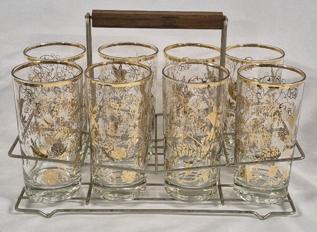 MCM Set of 8 Highball Tumbler Glasses w/ Caddy - Teak Handle