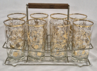 MCM Set of 8 Highball Tumbler Glasses w/ Caddy - Teak Handle