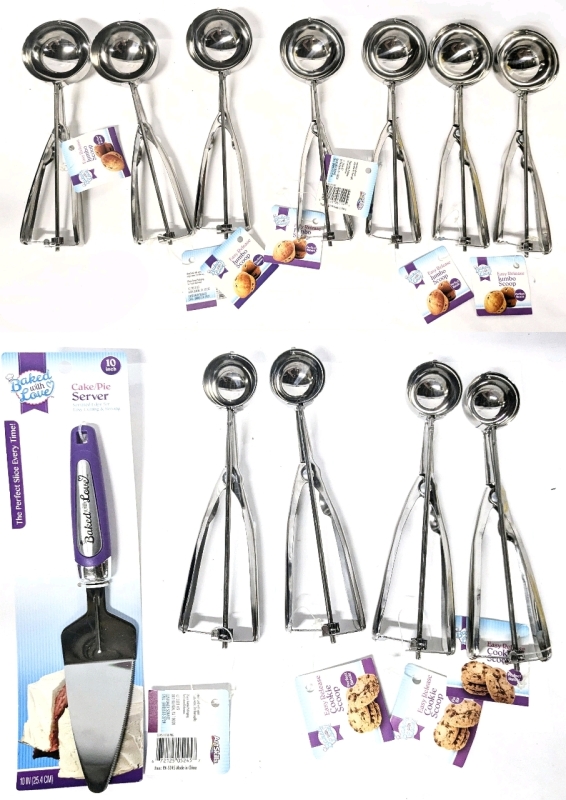 New BAKED WITH LOVE Kitchen Additions : 7&times; Easy Release Jumbo Scoops, 4&times; Easy Release Cookie Scoops & 10" Cake/Pie Server