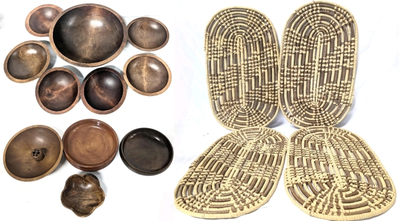 Vintage Signed Canada Wooden Chip & Nut Bowls + More (5.75" - 11.5"D) & 4&times; Woven Rattan Long Trivets / Placemats (10.75" &times; 18")