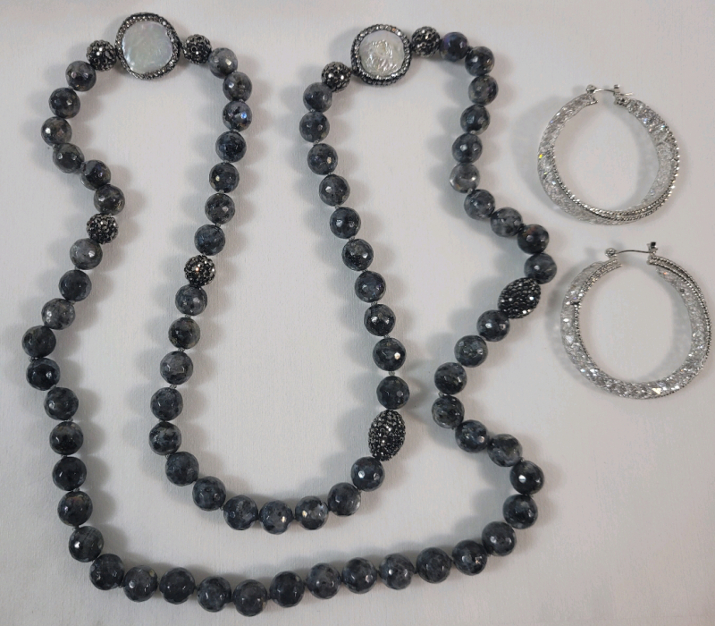 Knotted Black Stone Necklace MOP Links with Rhinestone Frames Fabulous Large Crystal Hoop Earring