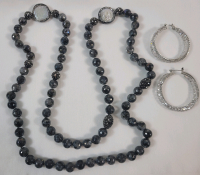 Knotted Black Stone Necklace MOP Links with Rhinestone Frames Fabulous Large Crystal Hoop Earring