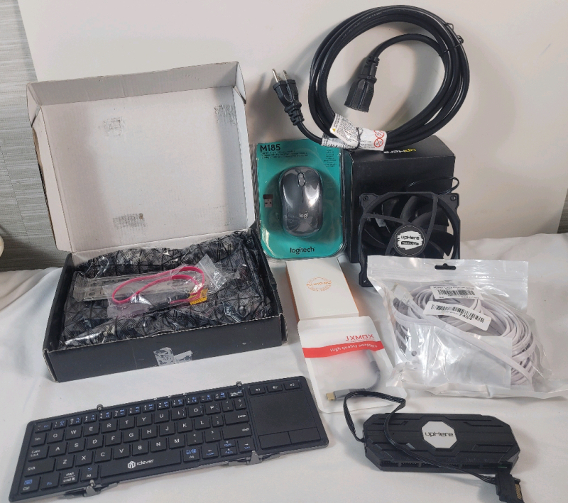As New Amazon Returns - Computer Accessories . H310 Motherboard , Logitech Mouse , USB-C to 3.5mm Adapter , Cat8 Ethernet Cable , Power Cord , NVME to USB Adapter , 2 Fans , 10-Port 6PIN SATA RGB Hub & iClever Mini Keyboard