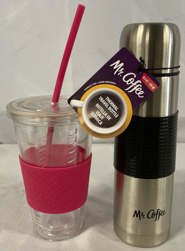2 New Beverage Holders | 15.5oz Mr. Coffee Thermos | Plastic Infuser Cup