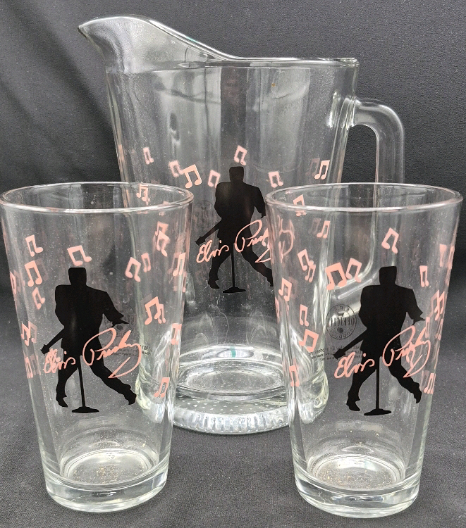 1997 Elvis Presley Enterprises Inc. (E.P.E) Glass Pitcher 9" Tall and 2 Glasses 6" Tall