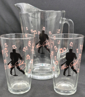 1997 Elvis Presley Enterprises Inc. (E.P.E) Glass Pitcher 9" Tall and 2 Glasses 6" Tall