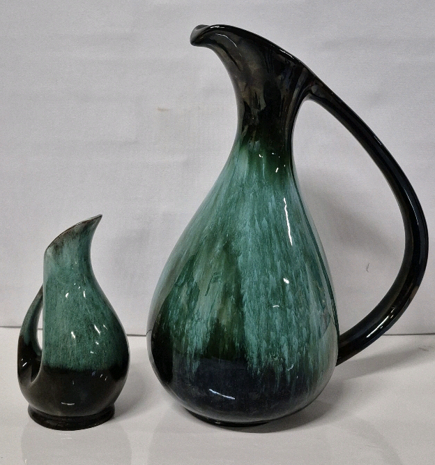 2 MCM Canadian Pottery Pitchers Blue Mountian 12.5" Tall & Evangeline 7" Tall