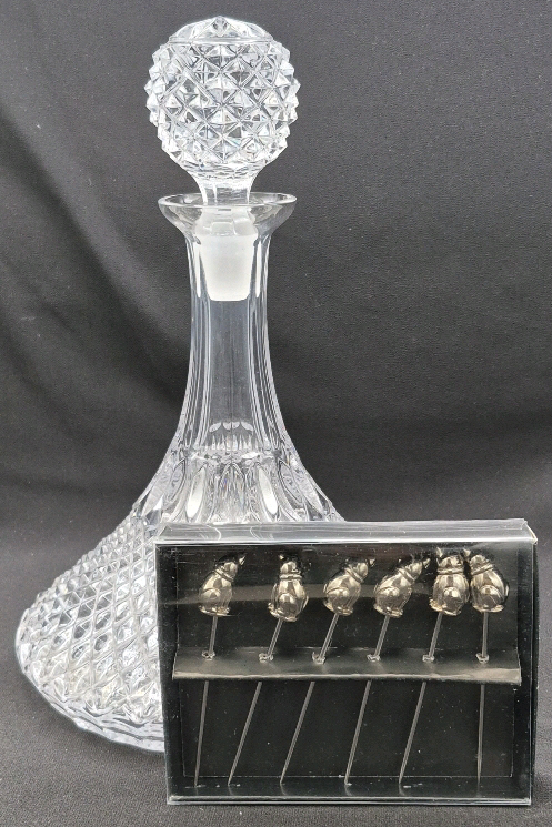 Vintage 11" Tall Crystal Decanter Diamond Cut with 6 Martini Dog Theme Picks 3.5" Long