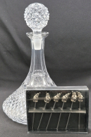 Vintage 11" Tall Crystal Decanter Diamond Cut with 6 Martini Dog Theme Picks 3.5" Long