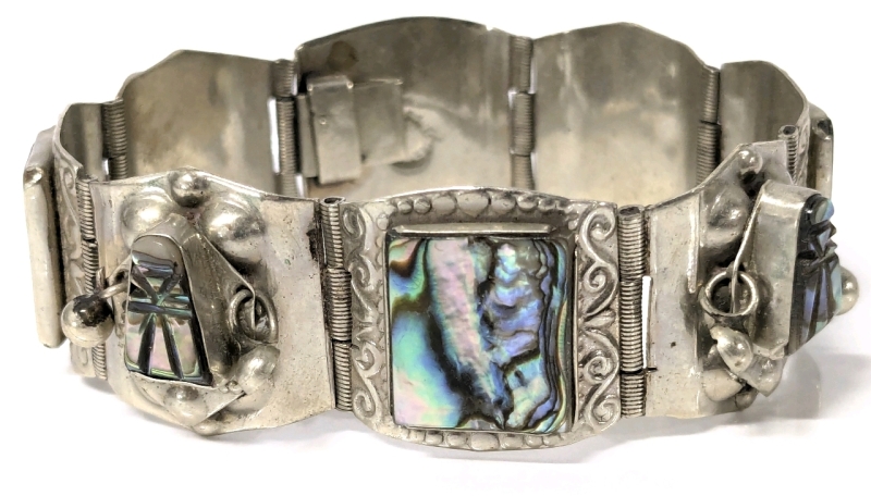Signed Marked Vintage TAXCO Mexico Sterling Silver 925 Abalone Mask Face Dangle Panel Bracelet - 0.8" &times; 7" Long