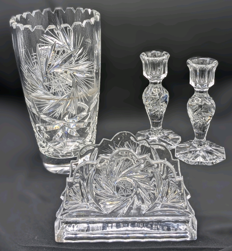 Vintage PINWHEEL CRYSTAL: 8.5" Tall Vase, 4" Napkin Holder & 2&times; Candle Holders 5.6" Tall, No Chips or Cracks, Residue Inside Vase