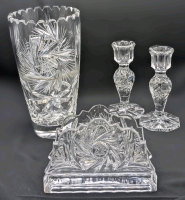 Vintage PINWHEEL CRYSTAL: 8.5" Tall Vase, 4" Napkin Holder & 2&times; Candle Holders 5.6" Tall, No Chips or Cracks, Residue Inside Vase