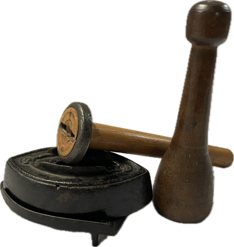 3 Vintage Wooden or Cast Metal Items for Home Decor | Iron with Stand, Spindle, Presumably a Vegetable Masher that Measures 9&rdquo; Tall