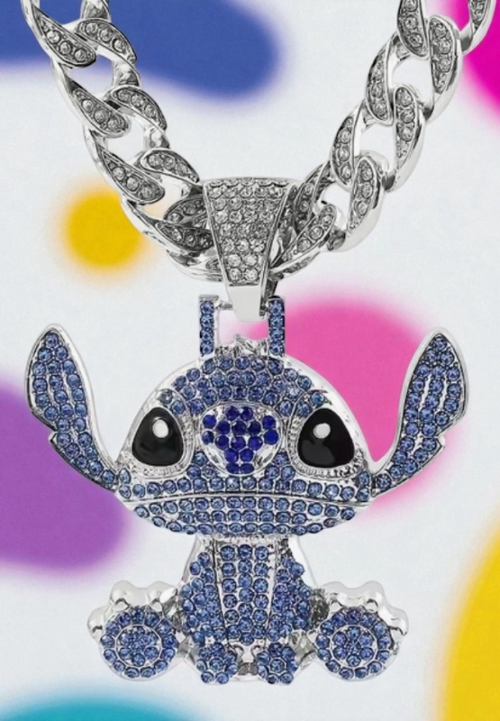 New Iced Out Stitch Statement Necklace Pendant 2.5 with Rhinestone Bale Chain 22 inch Fild Over Clasp