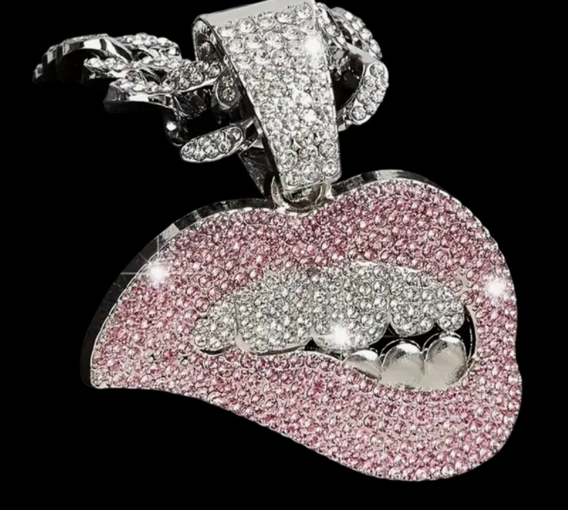 Iced Out Cuban Link Sassy Pink Lips Pendant Necklace Pendant 2 x 2.40 Chain Fold Over Clasp 18 inch Approximate