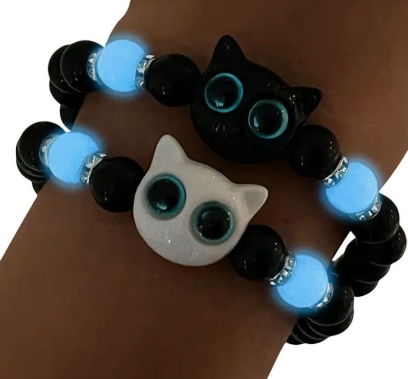 New 2 Piece Luminous Cat Bracelets Luminous Cat Black Beaded Bracelet Friendship Glow-in-the-Dark Flex With Rhinestone Rondels One white Cat One Black