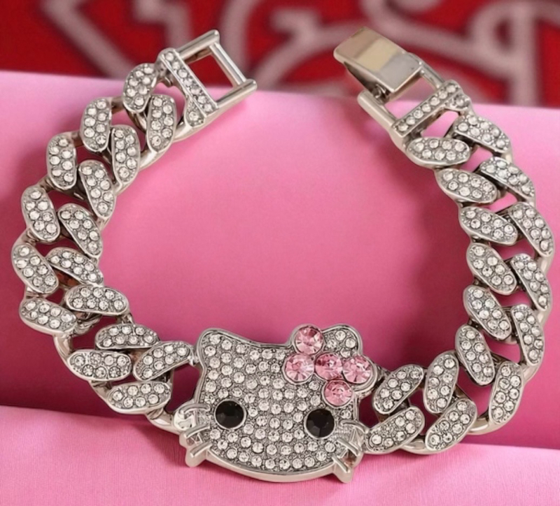 New Hello Kitty Iced Out Cuban Link Bracelet Sanrio Fold Over Clasp 7 inch