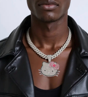New Hello Kitty Iced Out Cuban Link Chain Necklace Sanrio Chain27 inch Box Clasp Pendant 2.25 Inch Stock Photos added