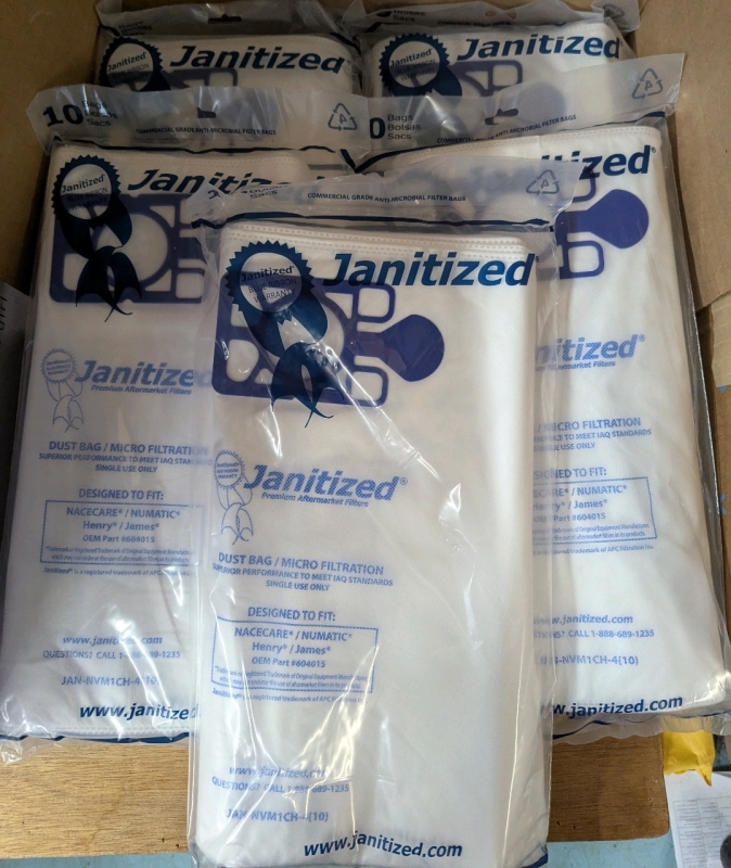 50 New Janitized Vacuum Dust Bags. Part Number 604015. Designed to fit Henry and James Vacuums. Retails for $170 total!