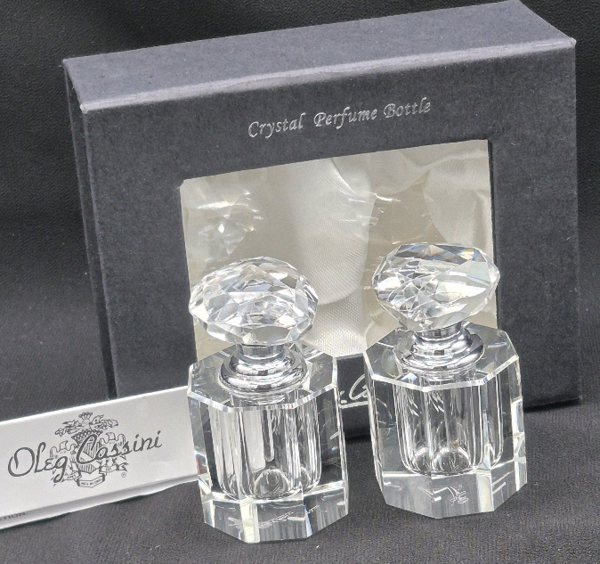 2 As New in Box Oleg Cassini Crystal Perfume Bottles 2.5" Tall