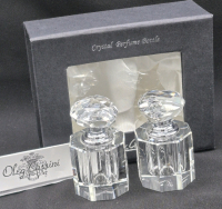 2 As New in Box Oleg Cassini Crystal Perfume Bottles 2.5" Tall