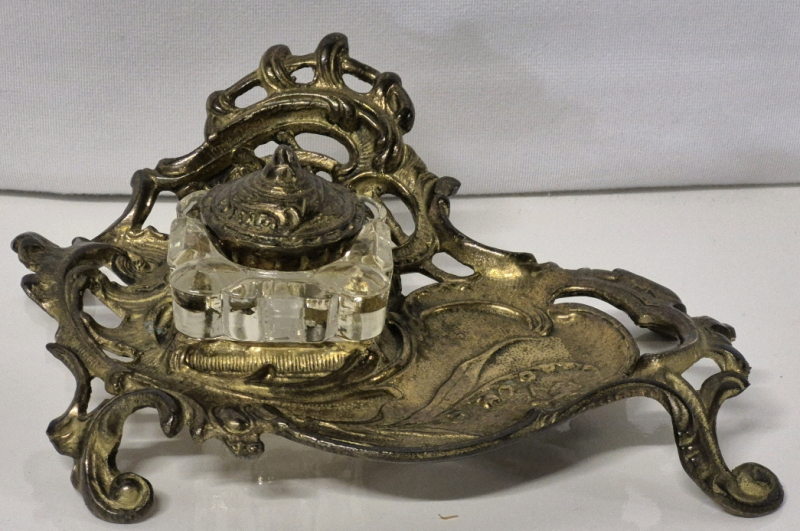 Vintage Art Nouveau Brass & Glass Inkwell