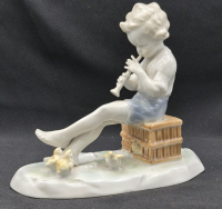 Vintage Metzler Orloff Boy Playing Flute 4 Baby Chicks Porcelain Figure - East Germany