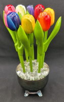 Beautiful 9 Wooden Hand-Painted Tulips with Glass Flower Frog in Silverplate Footed Dish