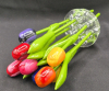 Beautiful 9 Wooden Hand-Painted Tulips with Glass Flower Frog in Silverplate Footed Dish - 2
