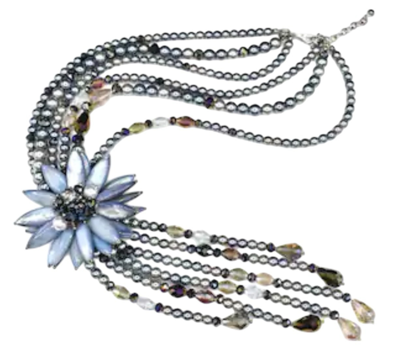 Vintage Boxed Joan Rivers Saphrite Frosted Navette Glass Bead Long Necklace Signed Hard to find