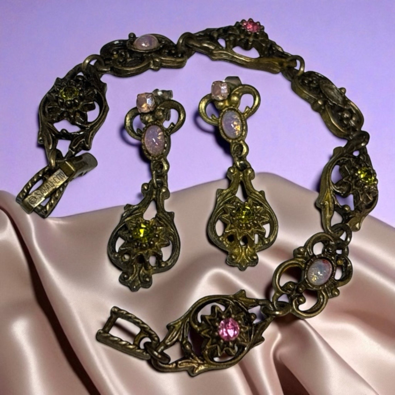 Vintage Coventry Contessa Opaline Cabachon and Rhinestone Pierced Earrings and Line Bracelet ( one stone missing) see description Signed