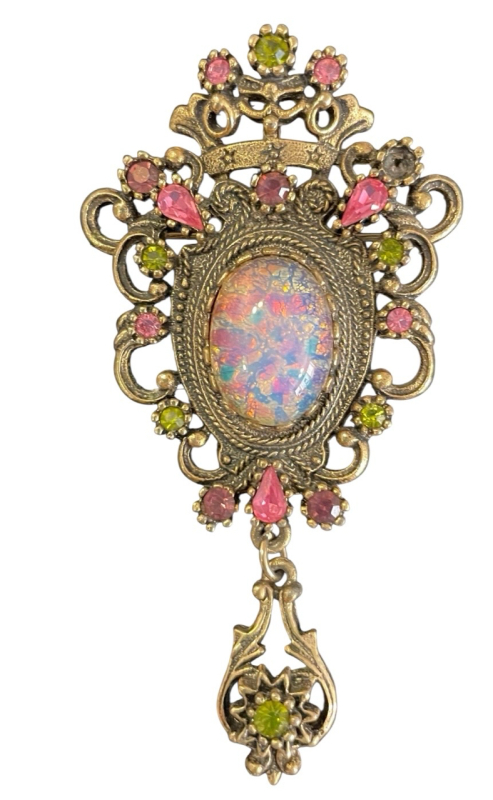 Vintage Coventry Contessa Opaline Cabachon and Rhinestone Brooch / Pendant Signed 3 inch