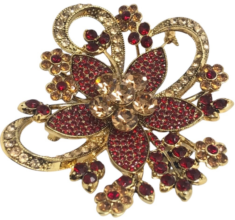 Gorgeous Statement 3 inch Ruby and Champagne Rhinestone Brooch Avon 35 Years 2006 Signed Dazzler see description for more