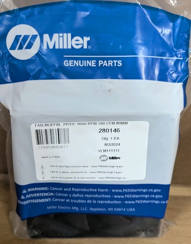 New Miller 280145 Fan, Muffin 24Vdc 9000 RPM 134 Cfm 80Mm. Retails for 96 US