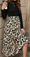 New Sz XL High Neck Solid & Printed Pleated Dress with Long Sleeves