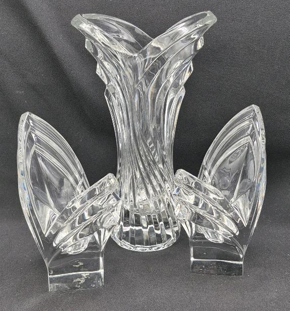 Beautiful Vintage Mikasa Art Deco Style Crystal Vase 8" Tall & 2 Candle Holders 5" Tall