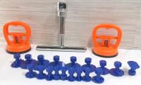 Car Dent Puller Lot | Includes Metal Handle, 18pc Plastic Dent Pieces & 2 Orange Car Dent Pullers