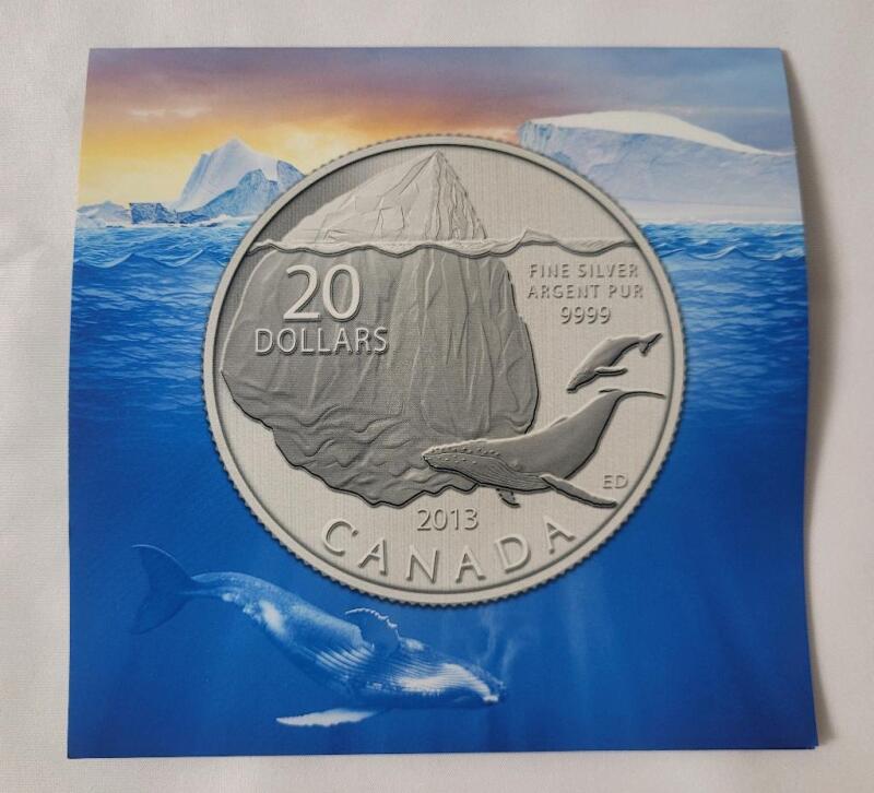 2013 Canadian Fine Silver Whale & Iceberg Twenty Dollar $20 Silver Coin .