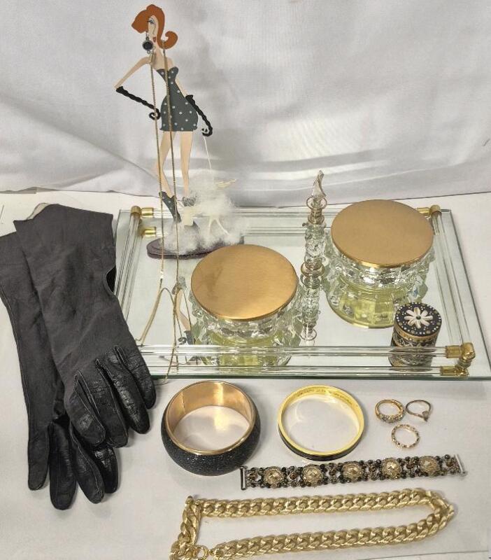 Fantastic Vintage & Modern Ladies Dresser Lot - Leather Gloves sz 6.25, Tray, Jewelry, Perfume Bottle Egyptian ++