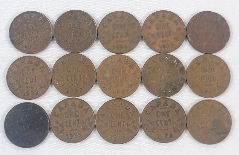 1920 - 1936 Canadian King George V Small Cent Pennies . 1920 &times;2 , 1928 , 1929 &times;2 , 1932 &times;3 , 1933 &times;2 , 1934 , 1935 &times;2 & 1936 &times;2 . Fifteen (15) Coins