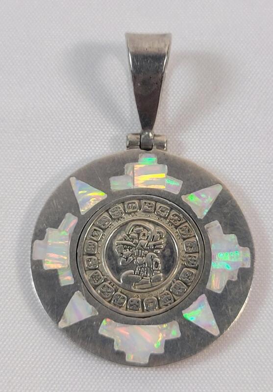 .950 Silver Mexico Aztec Sun Stone Pendant . See photos for size
