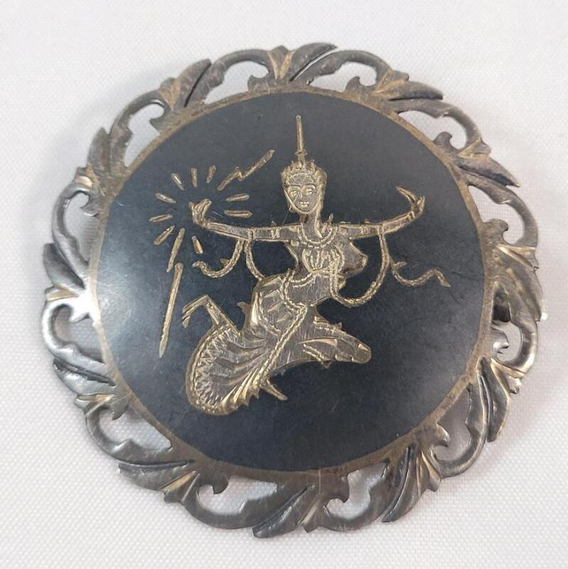 Vintage Alpha Siam Sterling Silver Niello Goddess Brooch . See photos for size