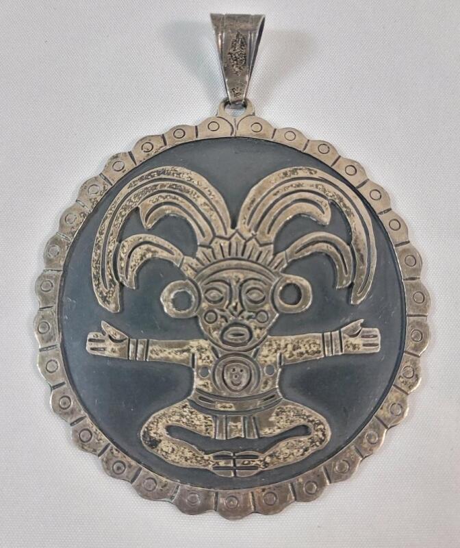 Vintage Mexico Sterling Silver Aztec Man Large Size Pendant . See photos for size