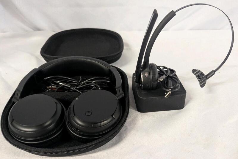 2 As New Pairs of Wireless Headphones (one with microphone). Case measures 7" by 8" by 2"