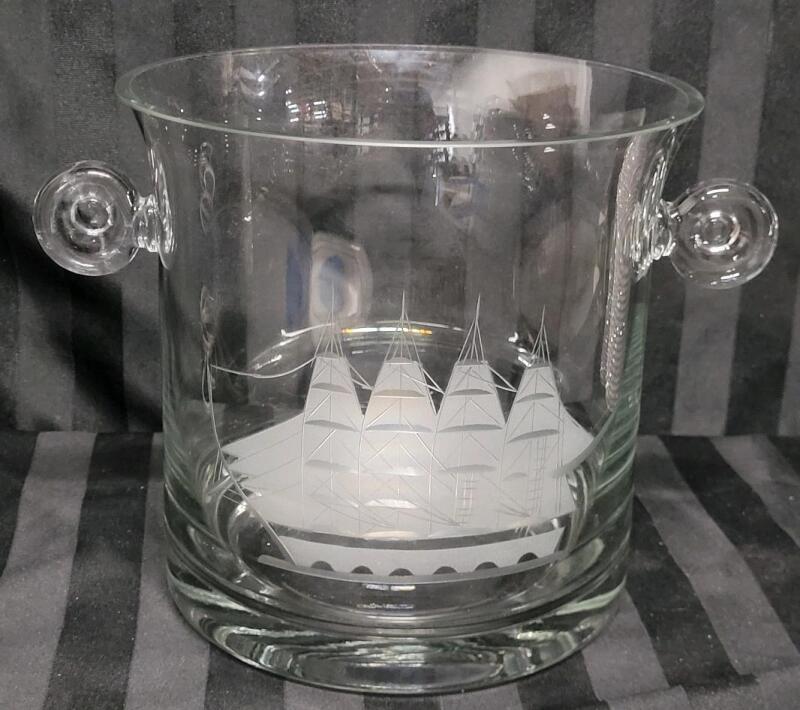 Clear Glass Champagne / Ice Bucket w/Schooner Ship Etched on Glass . Measures 7 &frac34;" tall & 7 &frac14;" diameter . No chips or cracks