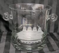 Clear Glass Champagne / Ice Bucket w/Schooner Ship Etched on Glass . Measures 7 &frac34;" tall & 7 &frac14;" diameter . No chips or cracks