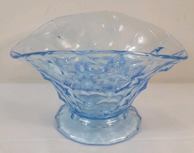 Vintage Art Deco Style Blue Art Glass Vase w/Flower Frog . Measures 5.5" tall & 9" wide . No chips or cracks to Vase , Small chip to flower frog