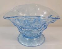Vintage Art Deco Style Blue Art Glass Vase w/Flower Frog . Measures 5.5" tall & 9" wide . No chips or cracks to Vase , Small chip to flower frog