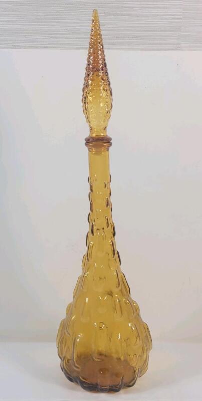 Vintage MCM Amber Art Glass Italian Empoli Genie Wine Bottle . Measures 22&rdquo; Tall . No chips or cracks